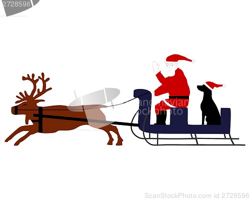 Image of Santa Claus with santa dog in his reindeer sleigh