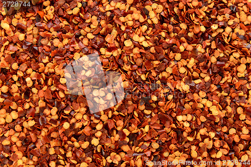Image of Dried chilli flakes and seeds abstract background texture