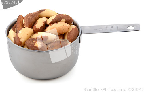 Image of Whole brazil nuts in a metal cup measure