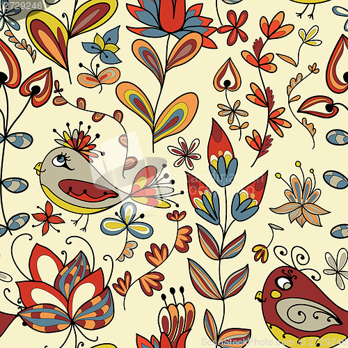 Image of Seamless texture with flowers and birds