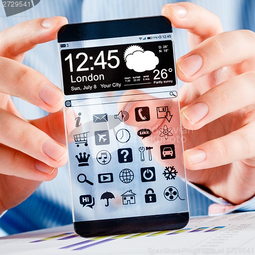 Image of Smartphone with transparent screen in human hands.