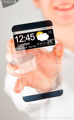 Image of Smartphone with transparent screen in human hands.