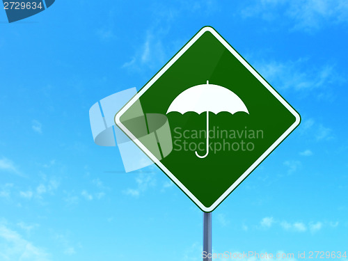 Image of Privacy concept: Umbrella on road sign background