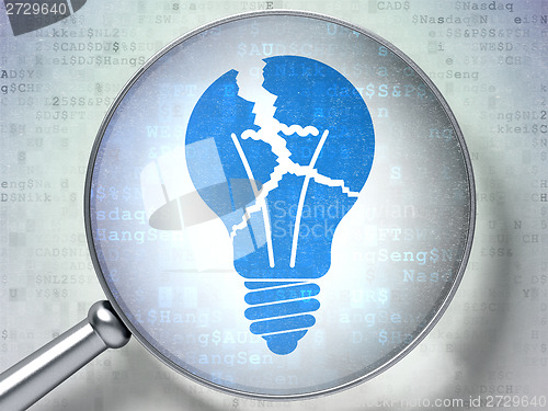 Image of Business concept: Light Bulb with optical glass on digital background