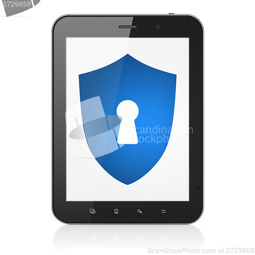Image of Security concept: Shield With Keyhole on tablet pc computer
