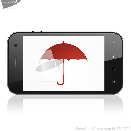 Image of Protection concept: Umbrella on smartphone