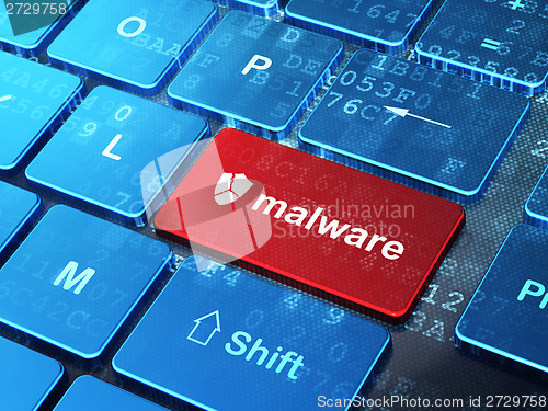 Image of Safety concept: Broken Shield and Malware on computer keyboard background