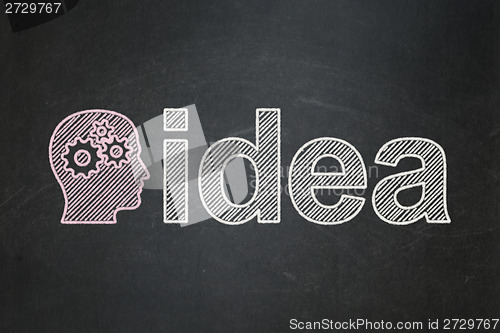 Image of Advertising concept: Head With Gears and Idea on chalkboard background
