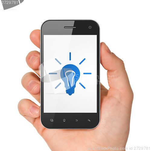 Image of Finance concept: Light Bulb on smartphone