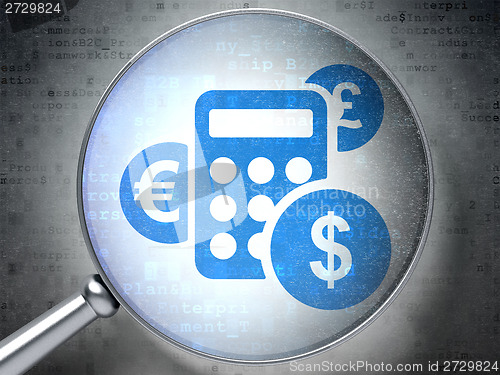 Image of News concept: Calculator with optical glass on digital background