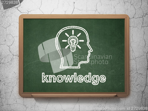 Image of Education concept: Head With Lightbulb and Knowledge on chalkboard background