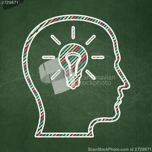 Image of Education concept: Head With Lightbulb on chalkboard background
