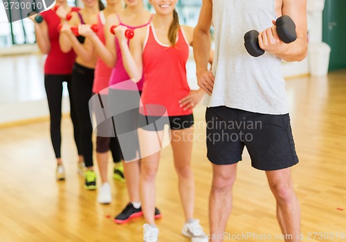 Image of group of people working out with dumbbells in gym