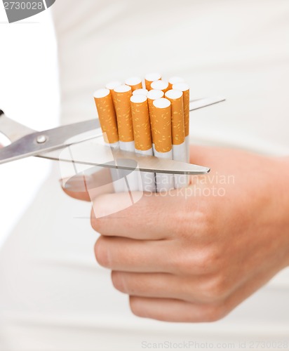 Image of close up of scissors cutting many cigarettes