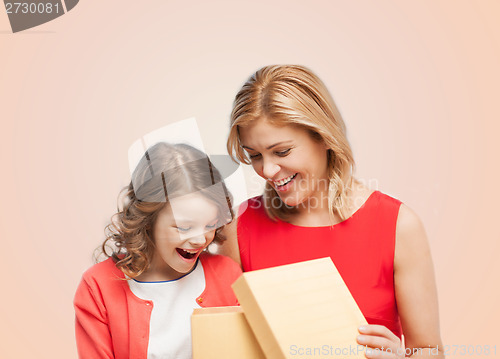 Image of smiling mother and daughter with opening gisft box