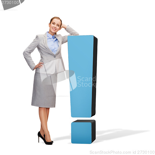 Image of smiling businesswoman with exclamation mark