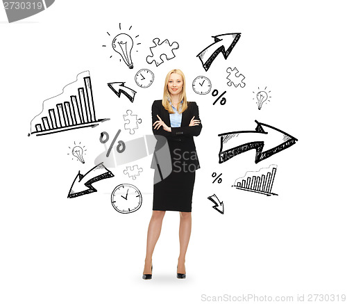 Image of young smiling businesswoman with crossed arms