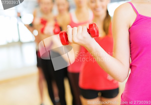 Image of group of people working out with dumbbells in gym