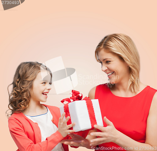 Image of smiling mother and daughter with gift box
