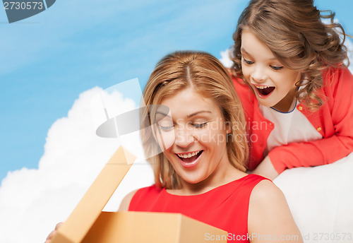 Image of smiling mother and daughter with gift box