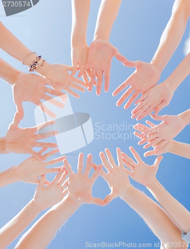 Image of close up of circle of hands