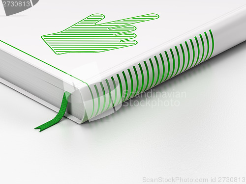 Image of Advertising concept: closed book, Mouse Cursor on white background