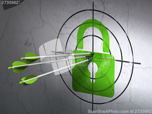 Image of Security concept: arrows in Closed Padlock target on wall background
