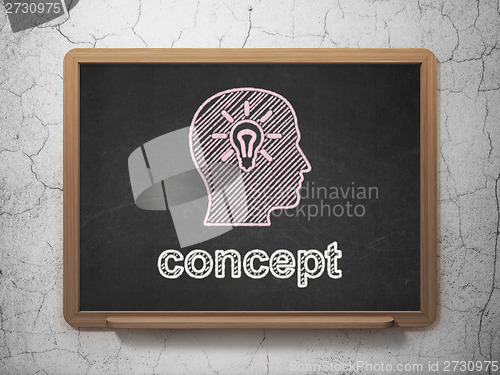 Image of Advertising concept: Head With Light Bulb and Concept on chalkboard background