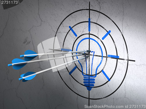 Image of Business concept: arrows in Light Bulb target on wall background