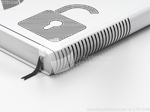 Image of Data concept: closed book, Opened Padlock on white background