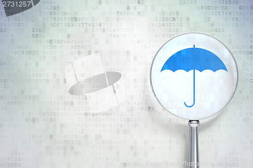 Image of Protection concept:  Umbrella with optical glass on digital background