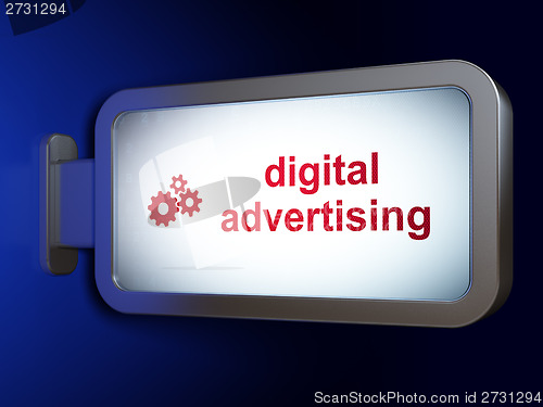 Image of Advertising concept: Digital Advertising and Gears on billboard background