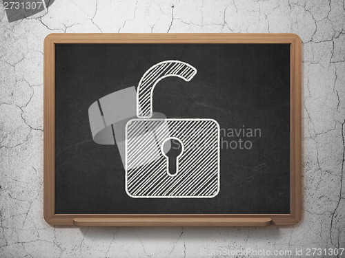 Image of Information concept: Opened Padlock on chalkboard background