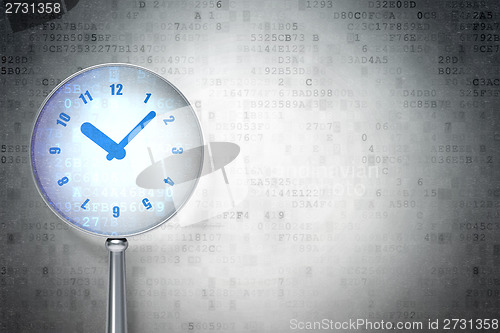 Image of Timeline concept:  Clock with optical glass on digital background