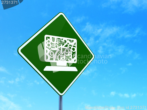 Image of Education concept: Computer Pc on road sign background