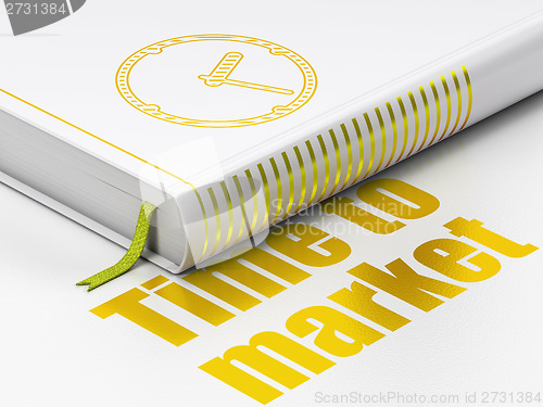 Image of Timeline concept: book Clock, Time to Market on white background