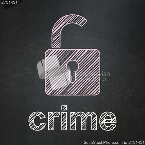 Image of Security concept: Opened Padlock and Crime on chalkboard background