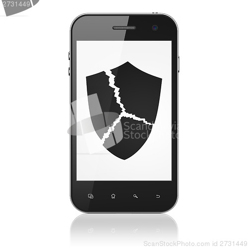 Image of Privacy concept: Broken Shield on smartphone