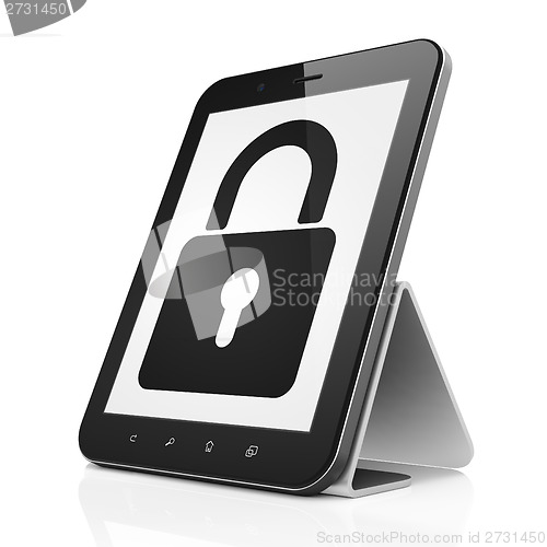 Image of Data concept: Closed Padlock on tablet pc computer