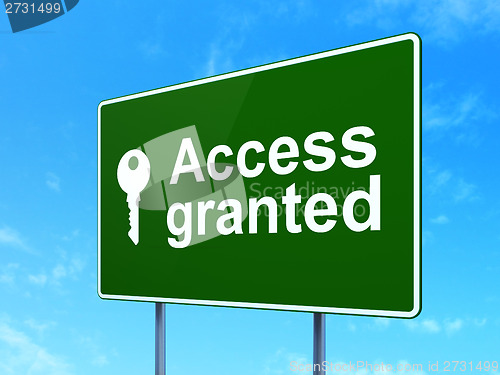 Image of Protection concept: Access Granted and Key on road sign background