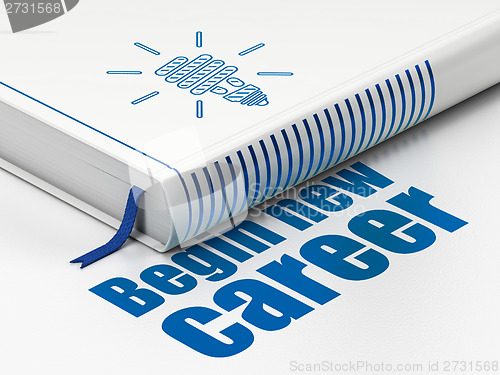 Image of Finance concept: book Energy Saving Lamp, Begin New Career on white background