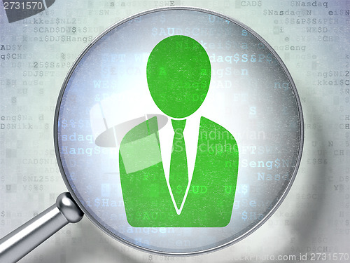Image of Advertising concept: Business Man with optical glass on digital background