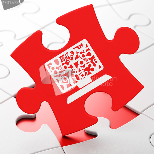 Image of Education concept: Computer Pc on puzzle background