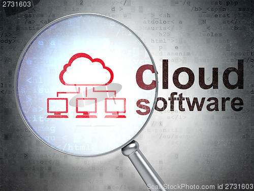 Image of Cloud technology concept: Cloud Network and Cloud Software with optical glass