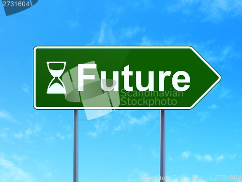 Image of Timeline concept: Future and Hourglass on road sign background