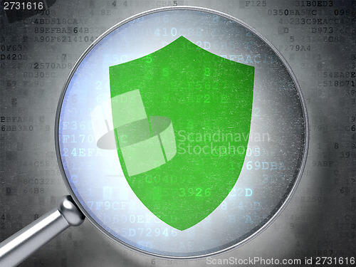 Image of Safety concept: Shield with optical glass on digital background