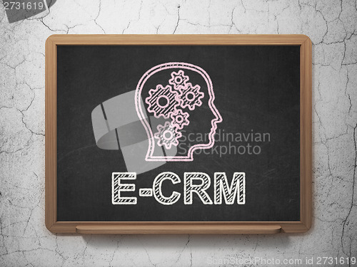 Image of Finance concept: Head With Gears and E-CRM on chalkboard background