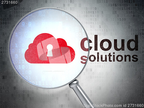 Image of Cloud technology concept: Cloud With Keyhole and Cloud Solutions with optical glass