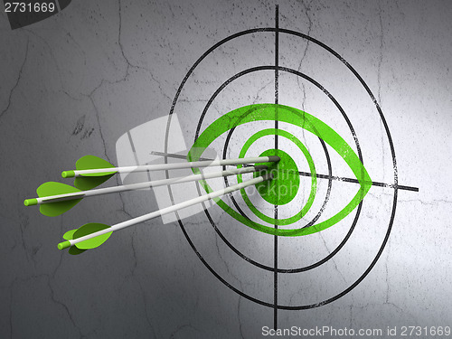 Image of Privacy concept: arrows in Eye target on wall background