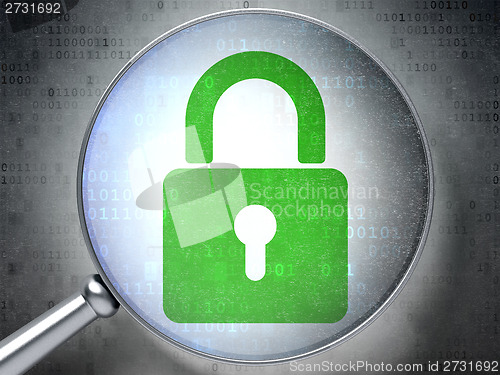 Image of Data concept: Closed Padlock with optical glass on digital background